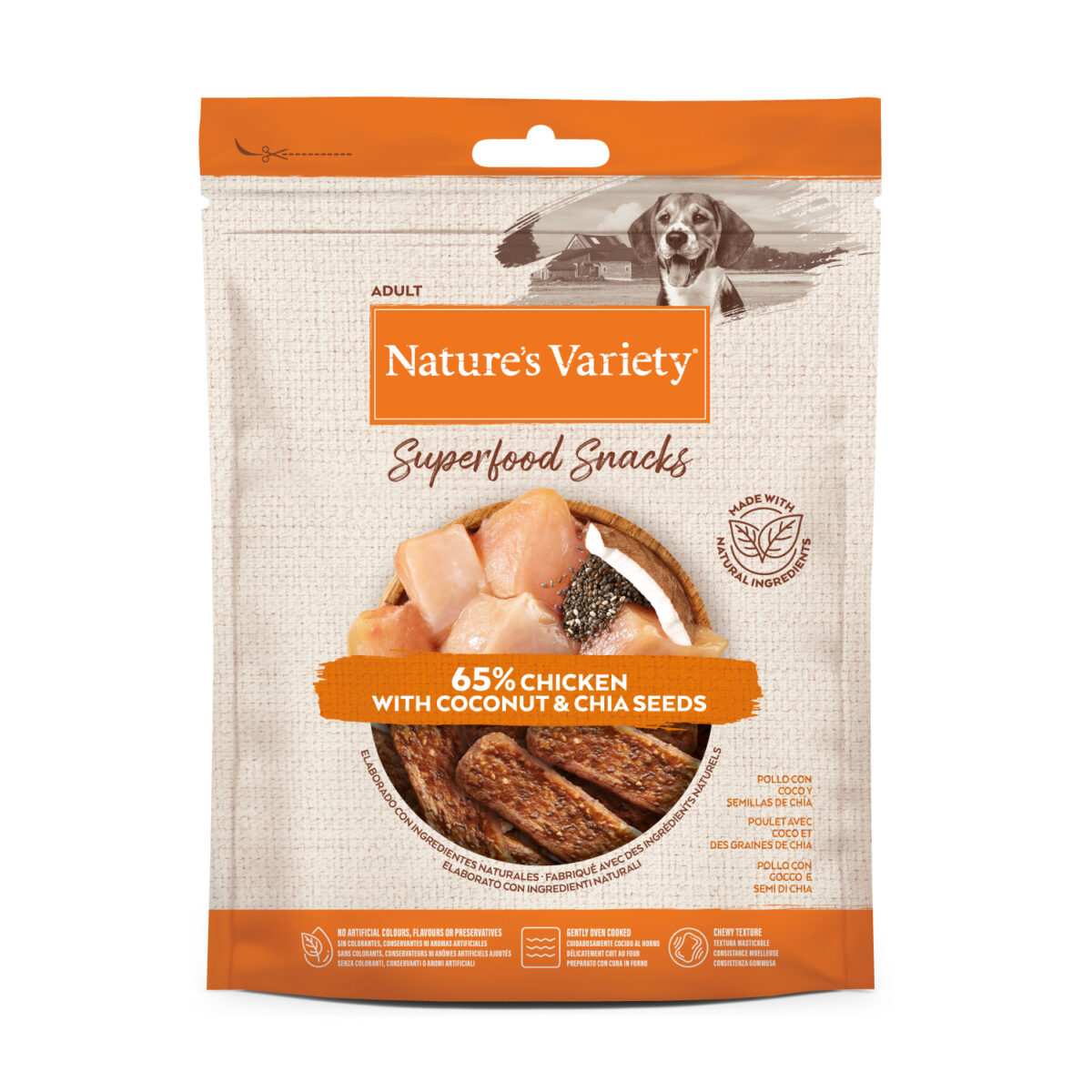 nature's variety superfood snacks frango com coco e sementes de chia 85gr