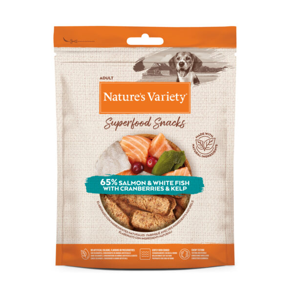 nature's variety superfoods snacks salmão e peixe branco com arando e algas 85gr