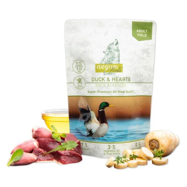 "ISEGRIM" ROOTS - PATO E CORAÇÕES COM VEGETAIS, ÓLEO DE LINHAÇA E ERVAS 410GR WEPET CÃO